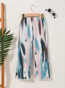 SHEIN Young Girl Warm Vacation Vibes Tie-Dye Print Pleated Pants In Black, Apricot, Green-Blue & Coffee For Summer