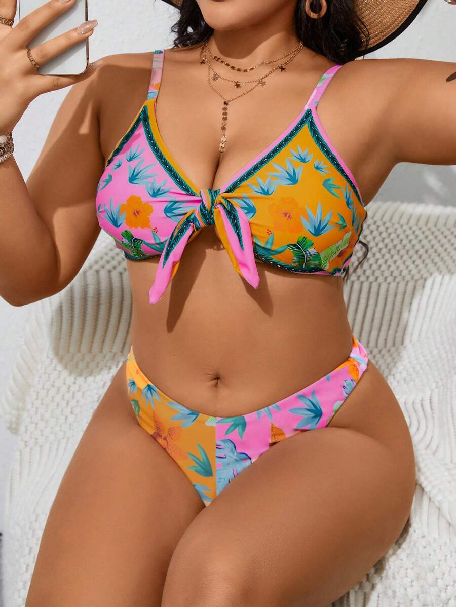 SHEIN Swim Curve Bộ bikini in hoa cỡ lớn đi biển mùa hè dành cho nữ, phong cách đi nghỉ mát - Nhiều màu - Xem 1