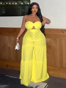 Slaydiva Plus Size Solid Color Woven Strapless Jumpsuit With Twisted Knot And Wide Leg For Women, Holiday And Leisure