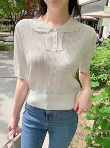 DAZY Damen Elegantes Kurzarm-Top in einfarbigem Strick - Beige - Übersicht 1