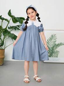 SHEIN LMoss Kids LMoss Young Girl Young Girl Woven Solid Color Peter Pan Collar Dress, Casual