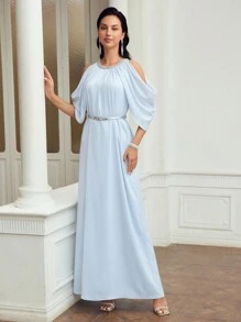 MOTF PREMIUM SOLID COLD SHOULDER FOLD PLEATED DRESS WITH BELT