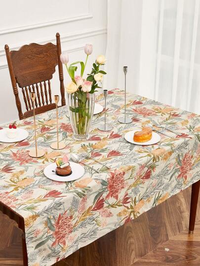 LongNap™ 1入組亞麻紋理花卉印花170GSM厚矩形桌布，防污桌布，防皺裝飾面料優雅桌蓋適用於餐飲、派對、自助餐和婚禮