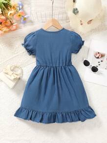 Vestido asimétrico de denim con manga abullonada y ribete de volantes para niña joven - Azul lavado medio - Ver 2