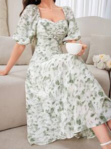 Modelyn Ladies' Random Printed Ruffle Design Dress - Green - View 4