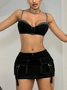 SHEIN ICON Y2K時尚夏季裝束，拼接色彩細肩帶背心配低腰實用裙子組成的兩件套裝，適合夏季穿著 - 黑色 - 查看 6