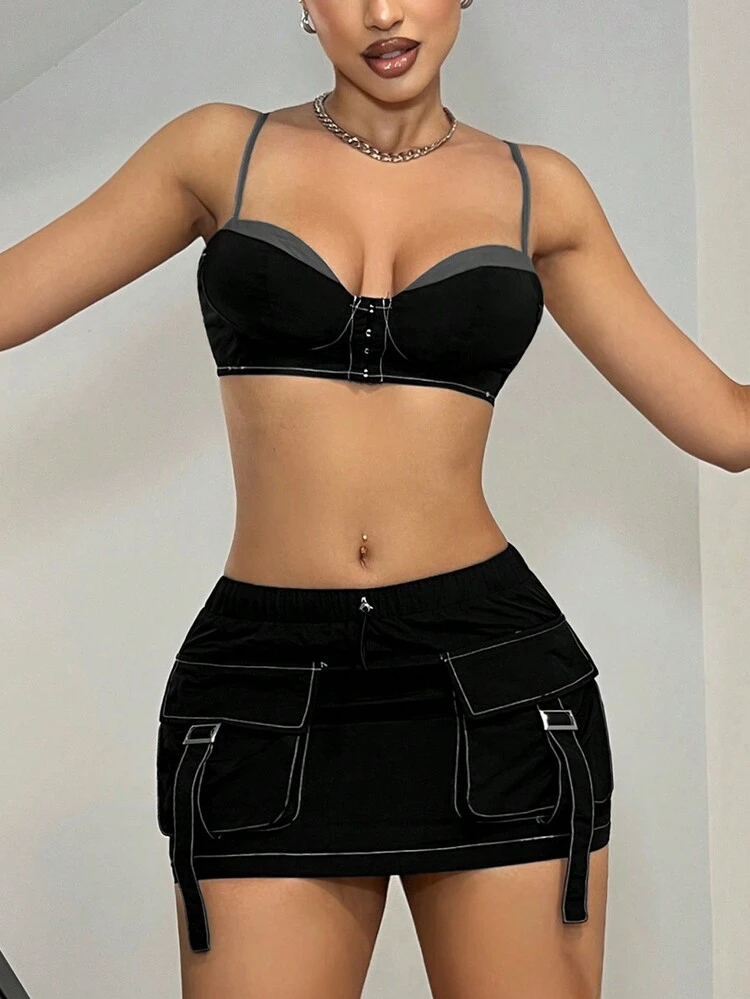 Y2k Fashionable Summer Outfits Colorblock Spaghetti Strap Tank Top With Low-Waist Utility Skirt Set Two Pieces Outfits For Summer