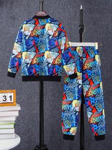 SHEIN Tween Boy Letter Graphic Zip Up Bomber Jacket & Trousers Without Tee - Multicolor - View 2