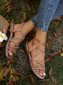 Flat Heeled Round Toe Metallic Sandals With Rhinestone Detailing, Elastic Ankle Strap, Roman Style For Women Valentines