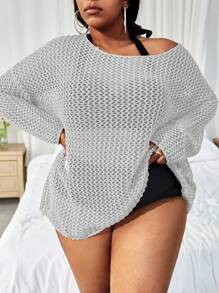 SHEIN Swim Curve Plus Size Hollow Knit Beach Cover-Up Dress For Vacation, Beach & Pool For Summer Beach Vacation