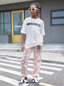 SHEIN Tween Girl Loose Round Neck Short Sleeve Letter T-Shirt And Drawstring Long Pants Casual 2pcs Outfit