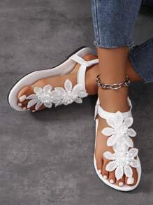 不对称布局 3D 黑色花卉女士轻便平底凉鞋，时尚花卉装饰，优雅婚礼风格，轻松穿脱 - 白色 - 查看 3