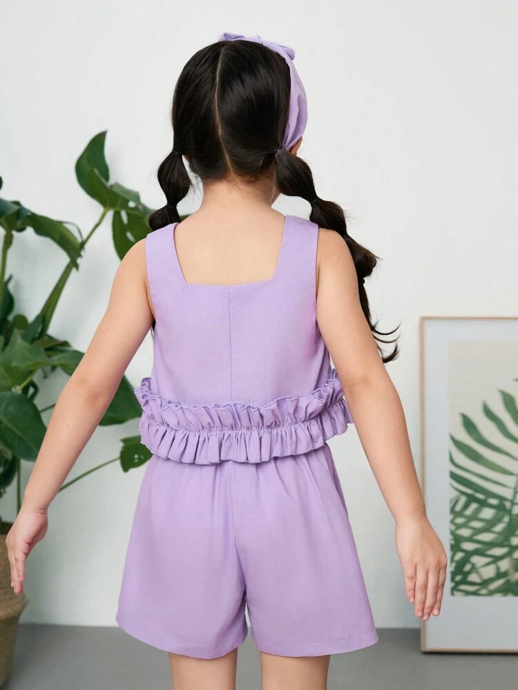 Young Girl Woven Monochromatic Square Neck Sleeveless Shirt With Ruffle Trim And Shorts Set