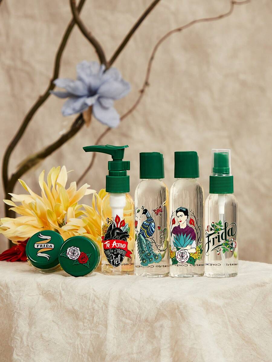 Frida Kahlo X SHEIN Bộ 6 chai du lịch trong suốt in họa tiết hoa (2 chai 10g, 2 chai 40ml, 2 chai 60ml), Quà tặng, Trang phục mùa hè, Trang phục mùa xuân, Bãi biển, Kỳ nghỉ, Hoa - màu xanh lá - Xem 1