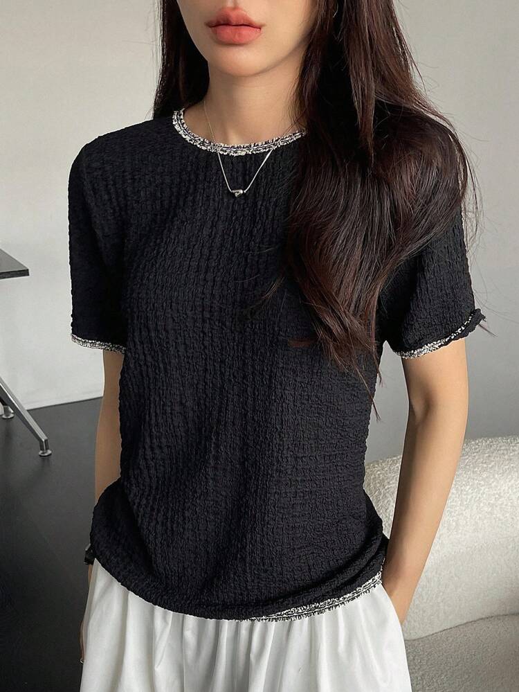 Contrast Edge Round Neck Short Sleeve Women's T-Shirt Preppy Tops