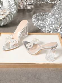 女士尖頭水晶點綴蝴蝶結高跟涼鞋