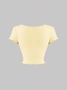 SHEIN MOD Women Fashionable Yellow 2 In 1 Lace Patchwork T-Shirt With Short Yellow Top - Yellow - View 2