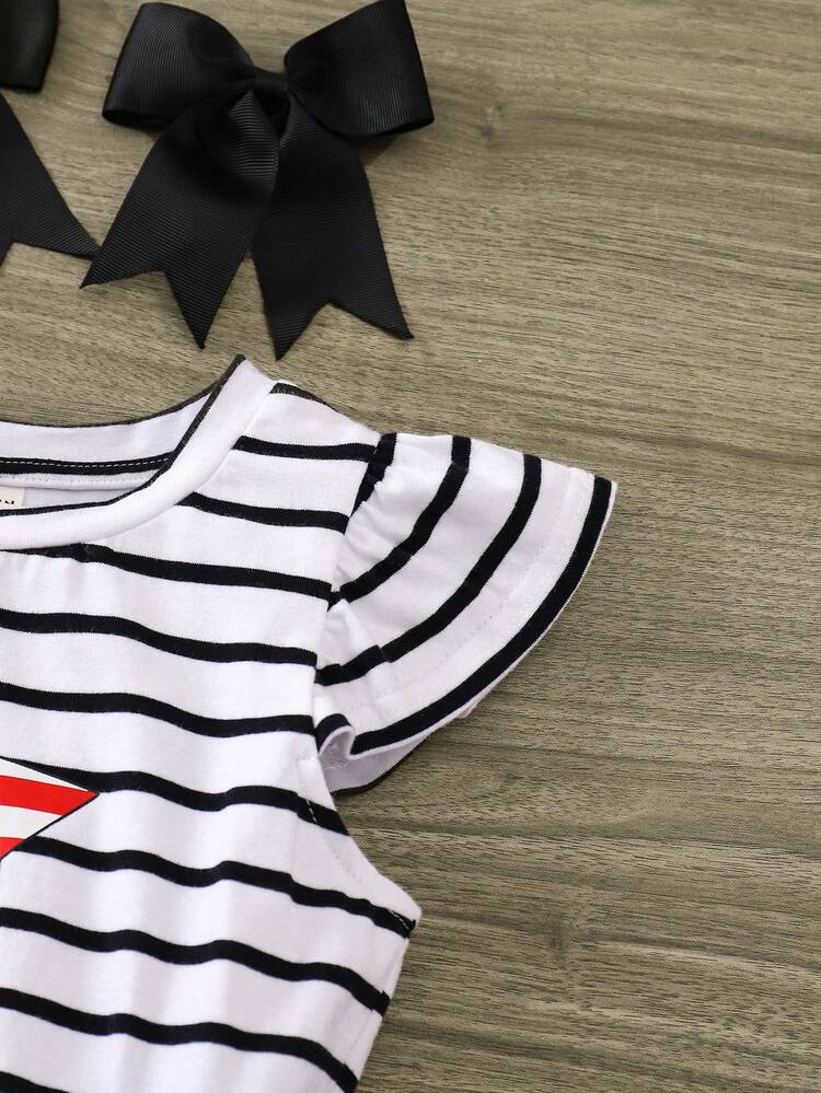 Young Girl Cute Round Neck Flutter Sleeve American Flag & Star Pattern Midi Dress