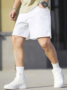 RONVEXI Men's Simple Loose Solid Color Denim Shorts Jorts - White - View 4