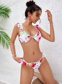 SHEIN Swim Conjunto de bikini sexy con volantes y estampado floral para mujer en verano (estampado aleatorio) - Multicolor - Ver 4
