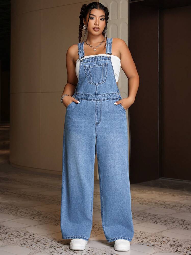 SHEIN ICON Plus Size Casual Loose Denim Overalls For Spring And