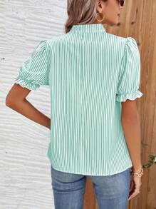 Chiquease Women's Notched Collar Striped Printed Short Sleeve Shirt For Summer