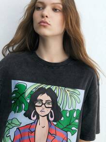 Maija Camiseta casual de cuello redondo de manga corta con gráfico de planta tropical y retrato para mujeres, conjunto de regreso a la escuela, verano