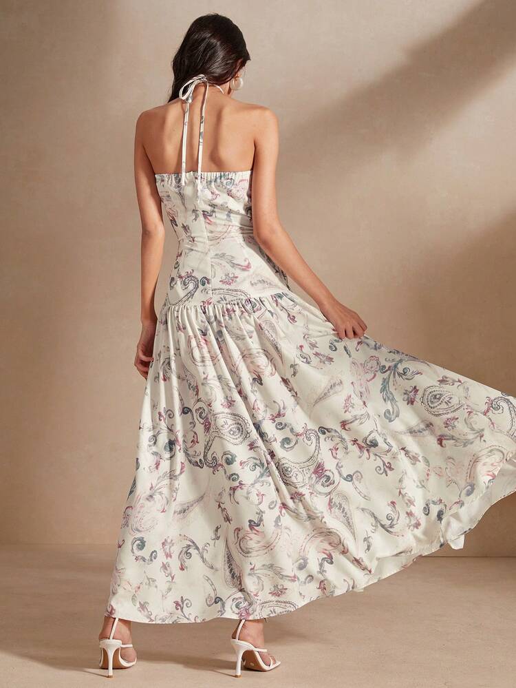 Summer Elegant And Romantic Floral Print Halterneck Dress With Ruffle Trim And Flared Hem