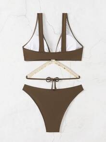 SHEIN Swim 女士純色環鏈性感頸後比基尼套裝，適用於度假 - 咖啡棕 - 查看 2
