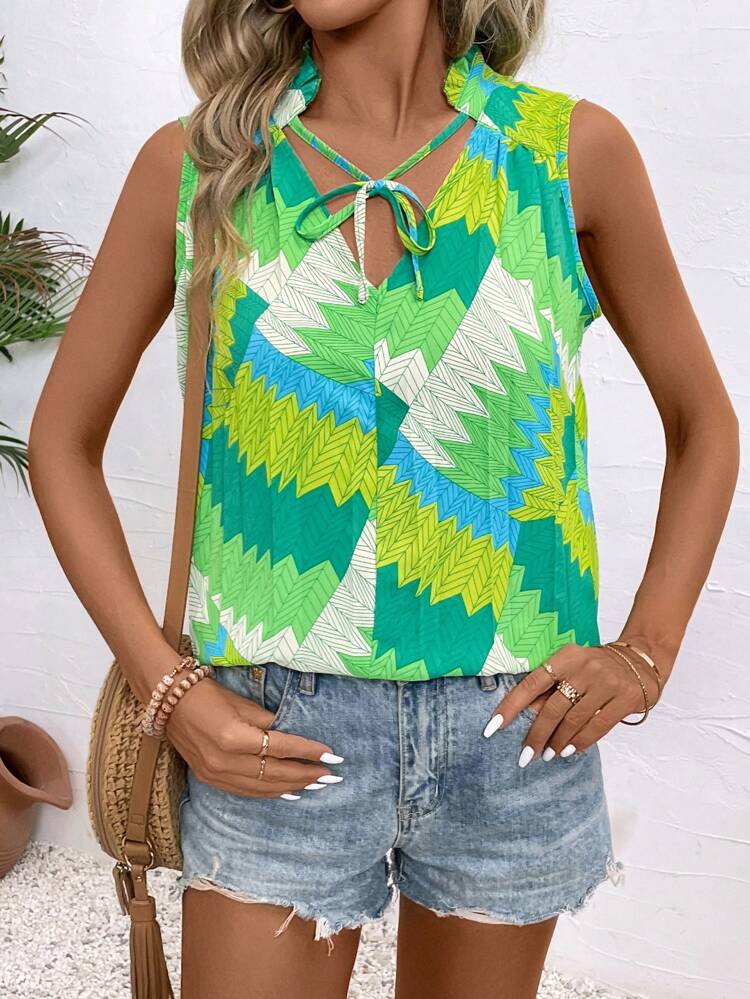 Color-Blocked Sleeveless Shirt With Printed Collar, Perfect For Vacation And Leisure Time