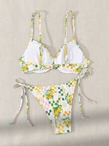 SHEIN Swim Women's Holiday Fruit Printed Bikini Set With Lace-Up Thong And Halter Neck Top,Summer Beach - Multicolor - View 2