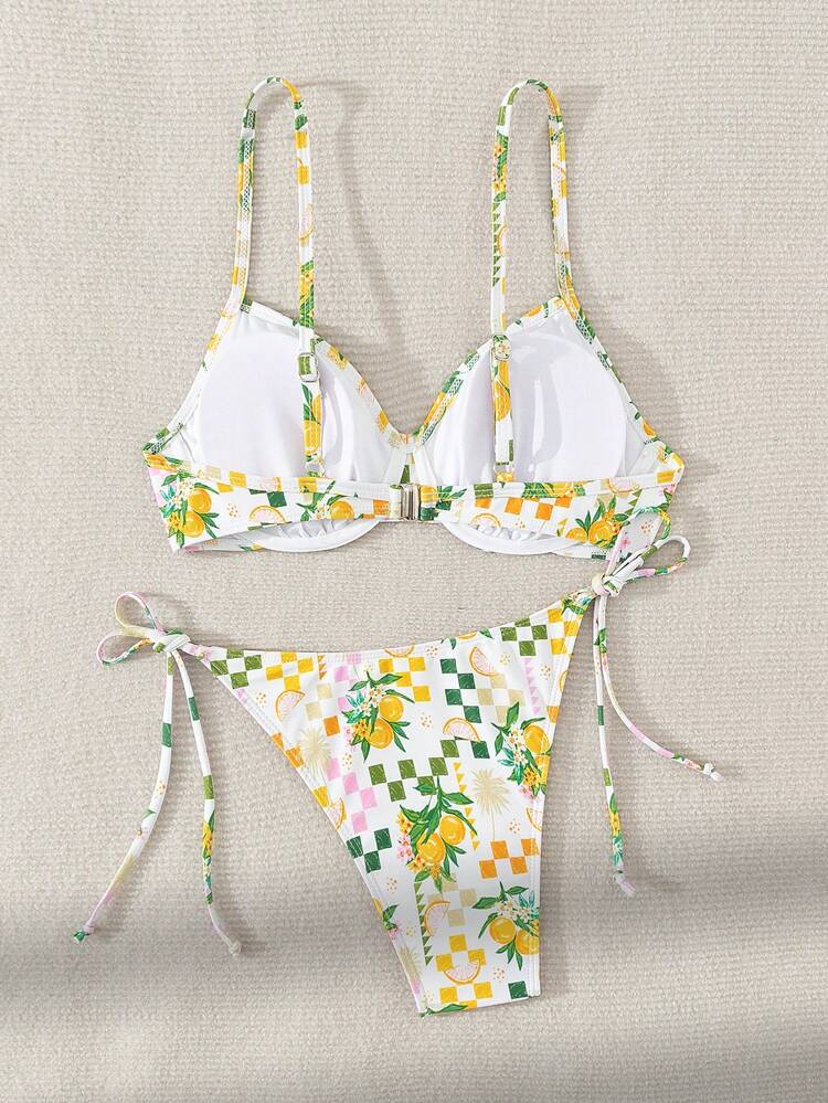 Women's Holiday Fruit Printed Bikini Set With Lace-Up Thong And Halter Neck Top,Summer Beach