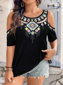 SHEIN LUNE Áo thun cổ tròn có kích thước lớn in hình học lạnh vai khoét vai - màu đen - Xem 3