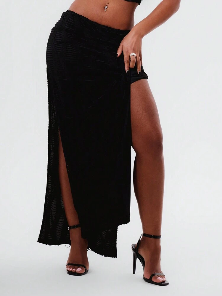 Black Distressed Detail Maxi Skirt Elegant Summer Sexy Party Vacation