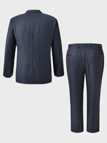 Calvornis Plus Size Men's Stripe Suit Jacket With Notched Lapel And Suit Pants, Business Trip Suit - Blue - View 2
