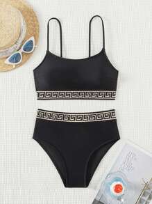 SHEIN Swim Conjunto de bikini sexy de patchwork y estampado geométrico para mujer, ideal para vacaciones y trajes de baño