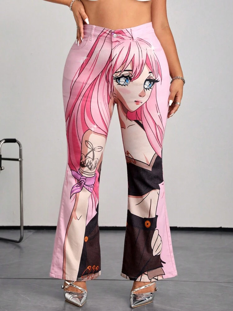 Plus Size Women Sexy Street Style Slim Fit Flared Jeans With Cartoon Print