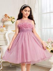 SHEIN Leap Crew Tween 女孩可爱幻彩领口无袖欧根纱连衣裙 - 粉色 - 查看 5