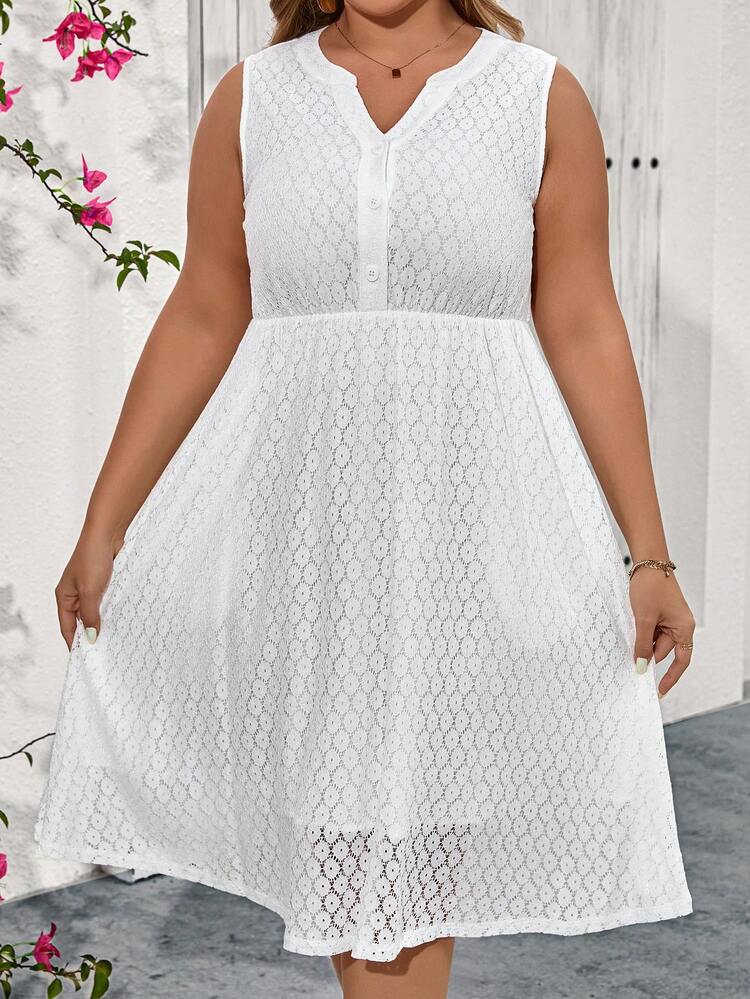Plus Size Summer Holiday Lace Notched Neck Sleeveless Dress With Pockets And Slit