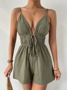 Chiquease Combinaison pour femmes en coton mélangé de couleur unie avec ceinture à la taille et bretelles spaghetti