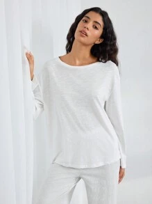 Conjunto de pijama para mujer, top de manga larga y pantalones largos holgados con unicolor de moda - Blanco - Ver 1