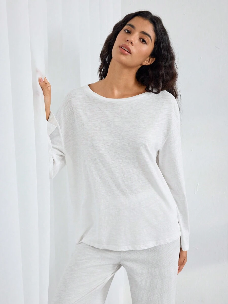 Conjunto de pijama para mujer, top de manga larga y pantalones largos holgados con unicolor de moda - Blanco - Ver 1