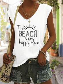 INAWLY 女士夏季休閒V領短袖T恤，印有標語印花 - 白色 - 查看 5