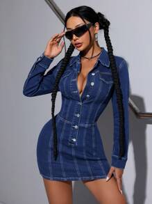 SHEIN ICON Váy denim bodycon giặt co giãn dành cho nữ - Rửa tối - Xem 3