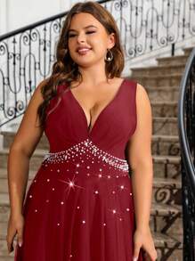 Cravure Váy không tay thời trang cỡ lớn có trang trí đá Rhinestone cho mùa hè năm mới Quần áo Maxi cho phụ nữ Trang phục cưới - Đỏ - Xem 4