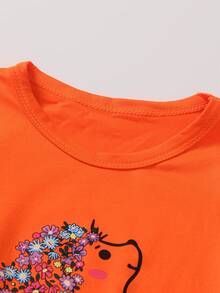 SHEIN Young Girl Round Neck Hedgehog Printed Ruffle Short Sleeve T-Shirt And Printed Leggings Set - Orange - View 4