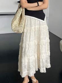 DAZY 纹理提花多层蛋糕裙长款女士裙子，荷叶边 - 杏色 - 查看 6