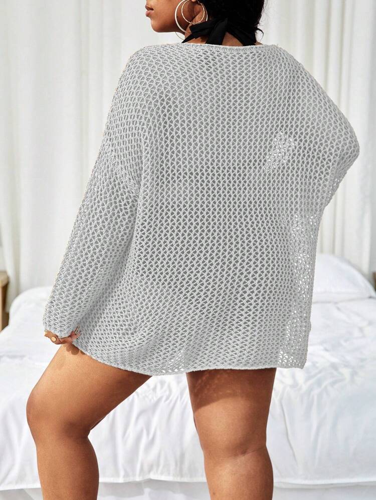 Plus Size Hollow Knit Beach Cover-Up Dress For Vacation, Beach & Pool For Summer Beach Vacation