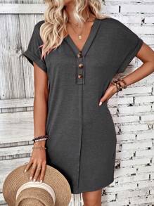 EMERY ROSE 女士時尚純色短袖鈕扣夏季連衣裙 - 深灰色 - 查看 3