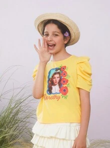 The Wizard of Oz X SHEIN Tween Girl Gigot Sleeve Round Neck Knitted Tee - Yellow - View 9